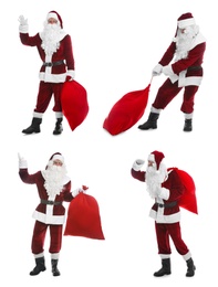 Collage with photos of Santa Claus on white background