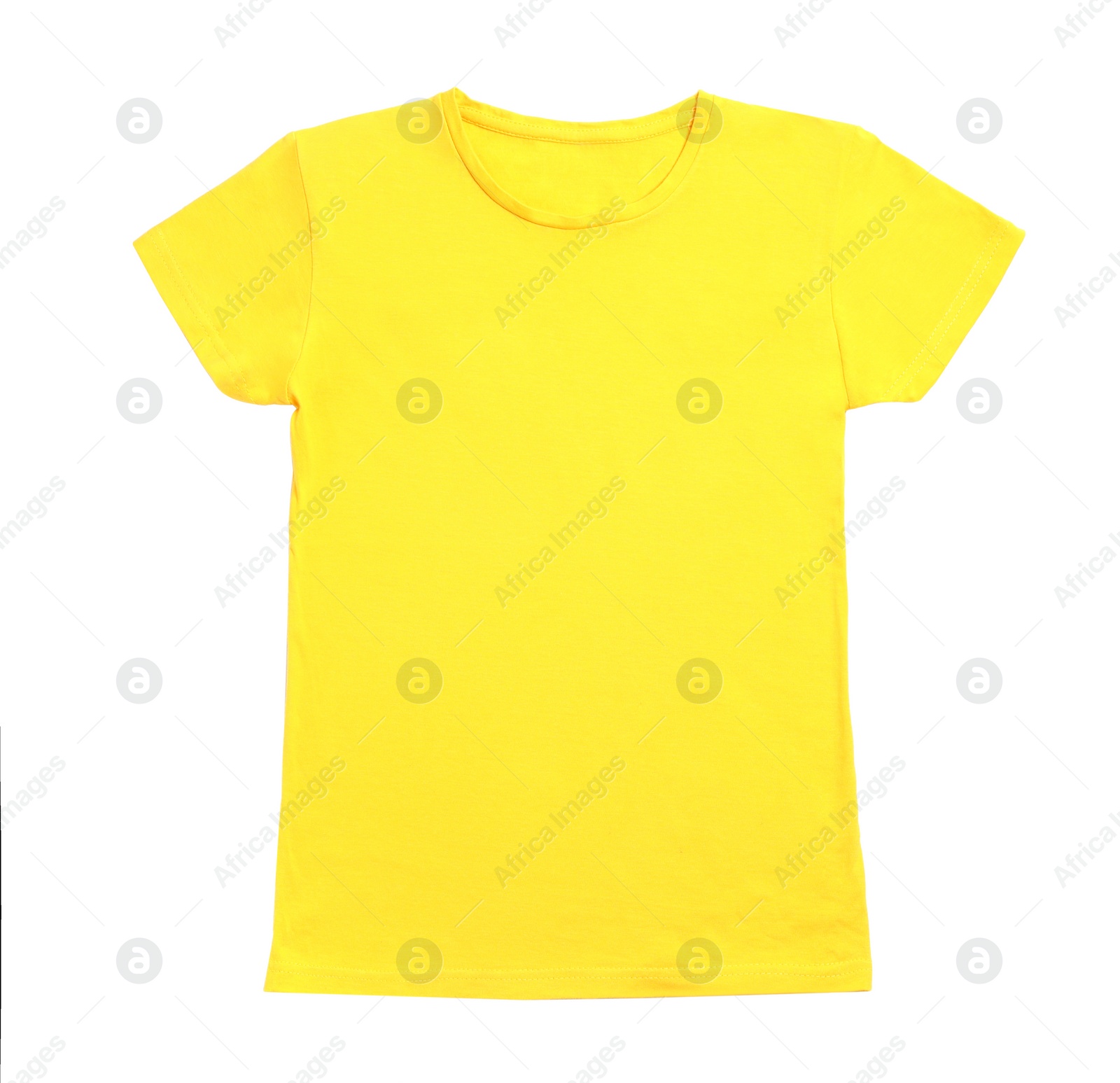 Photo of Stylish yellow female T-shirt isolated on white, top view