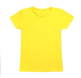 Stylish yellow female T-shirt isolated on white, top view