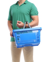 Man with empty shopping basket isolated on white, closeup