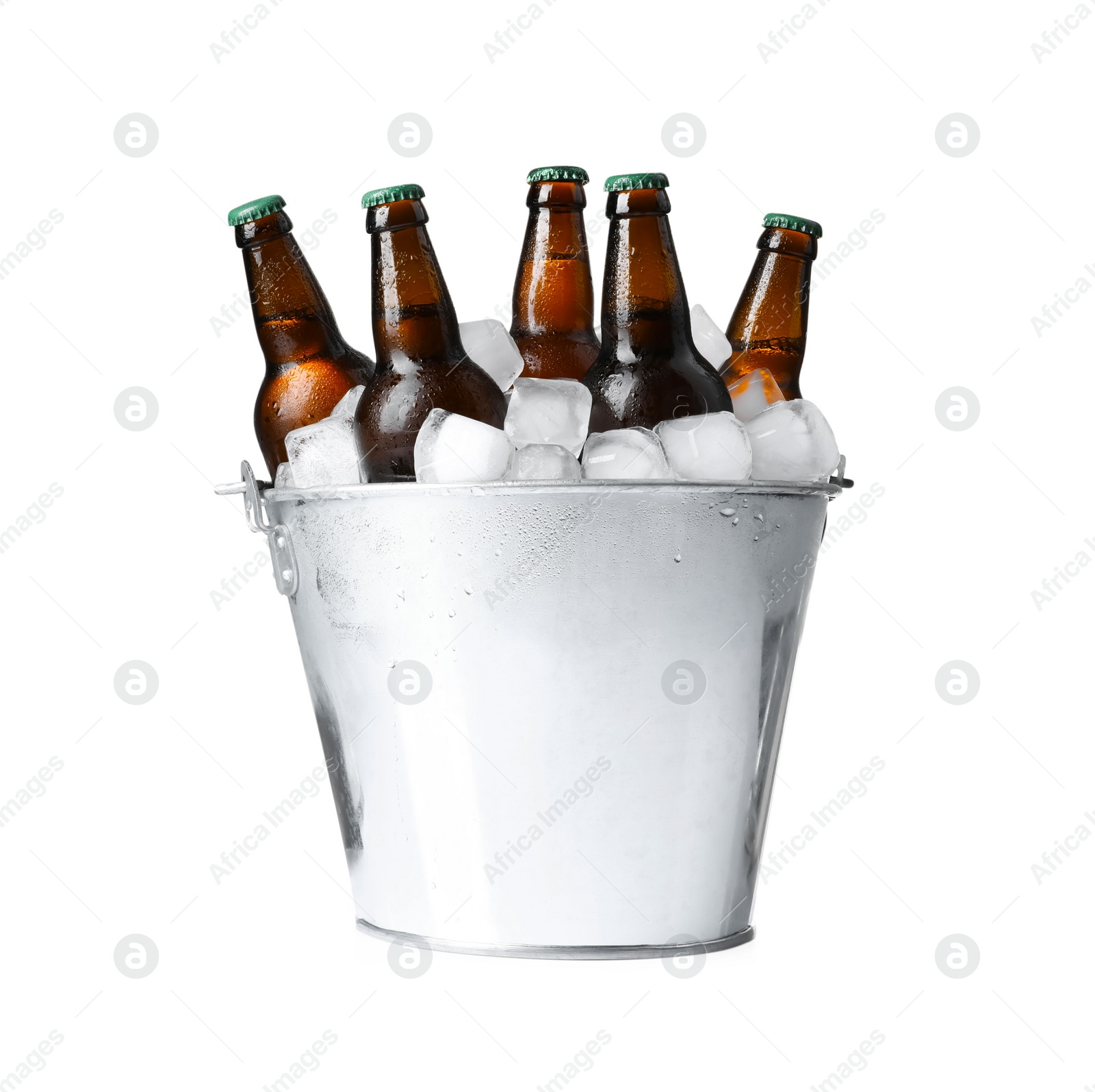 Photo of Metal bucket with bottles of beer and ice cubes on white background