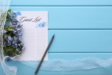 Photo of Guest list, pencil, lace ribbon and flowers on light blue wooden table, flat lay. Space for text