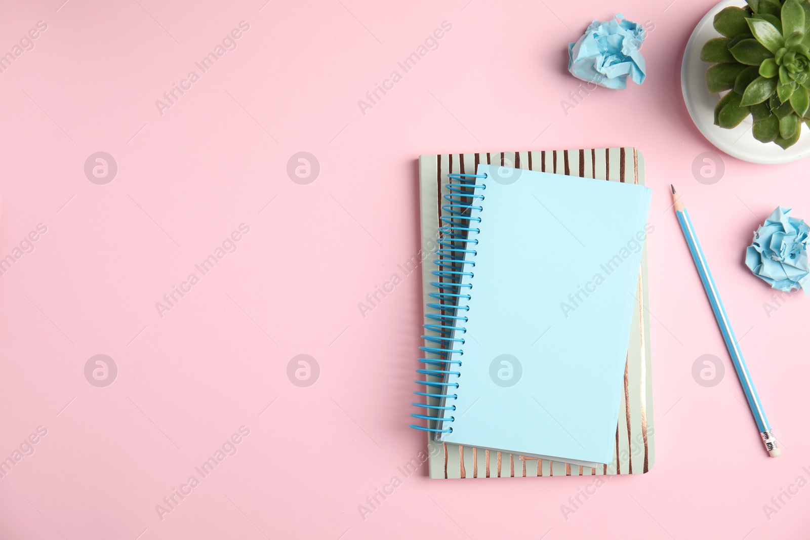 Photo of Flat lay composition with notebooks and plant on color background. Space for text