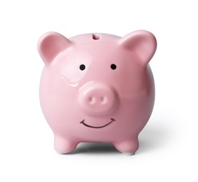Photo of Pink piggy bank on gray background. Money saving
