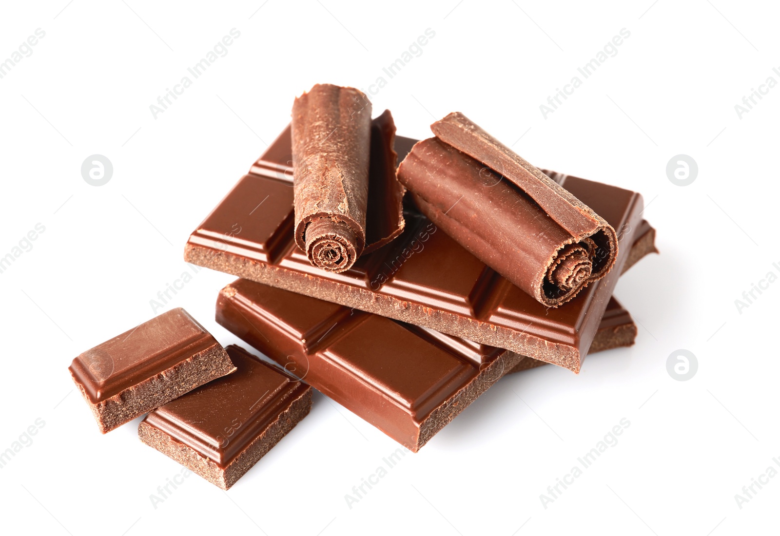 Photo of Chocolate curls and pieces isolated on white