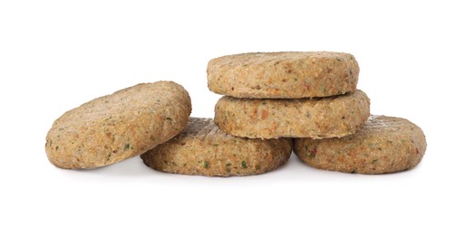 Photo of Raw vegan cutlets with breadcrumbs isolated on white