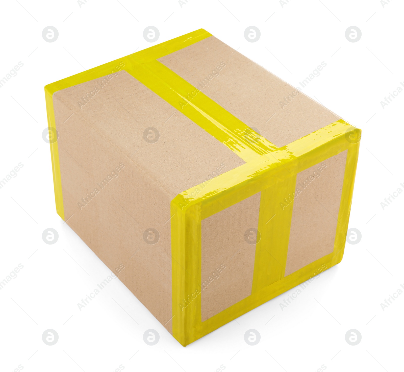 Photo of Cardboard parcel box with yellow sticky tape on white background