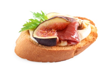 Bruschetta with cream cheese, prosciutto and figs isolated on white