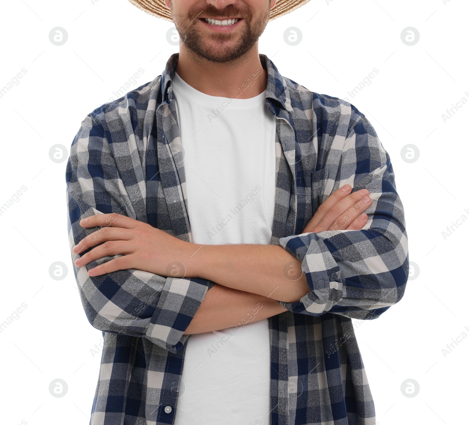 Photo of Happy farmer with crossed arms on white background, closeup. Harvesting season