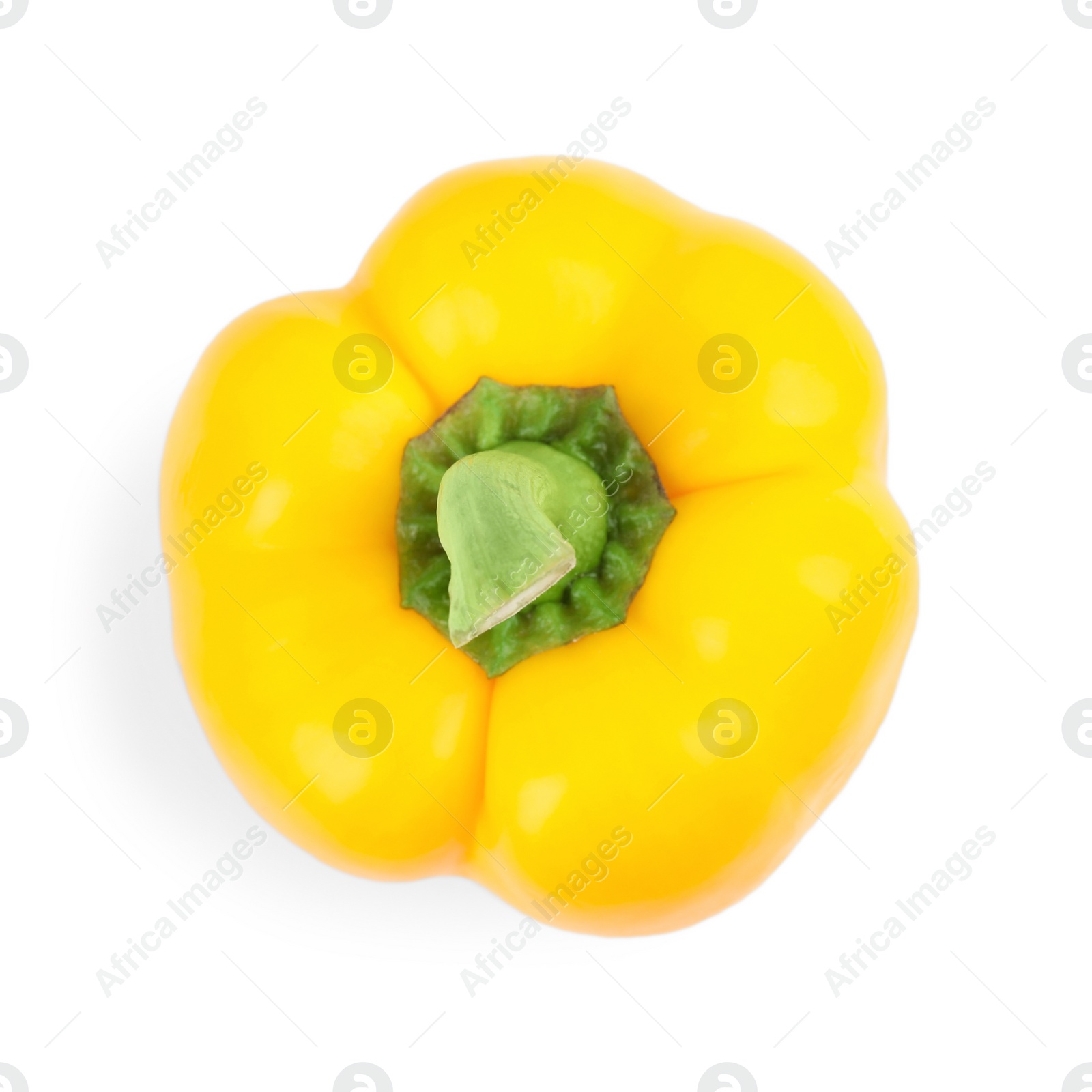 Photo of Ripe yellow bell pepper isolated on white, top view