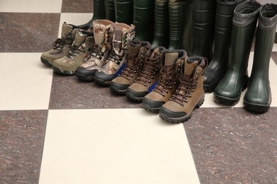 Footwear for fishing on floor in sports shop