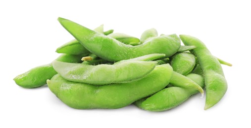Photo of Fresh green edamame pods on white background