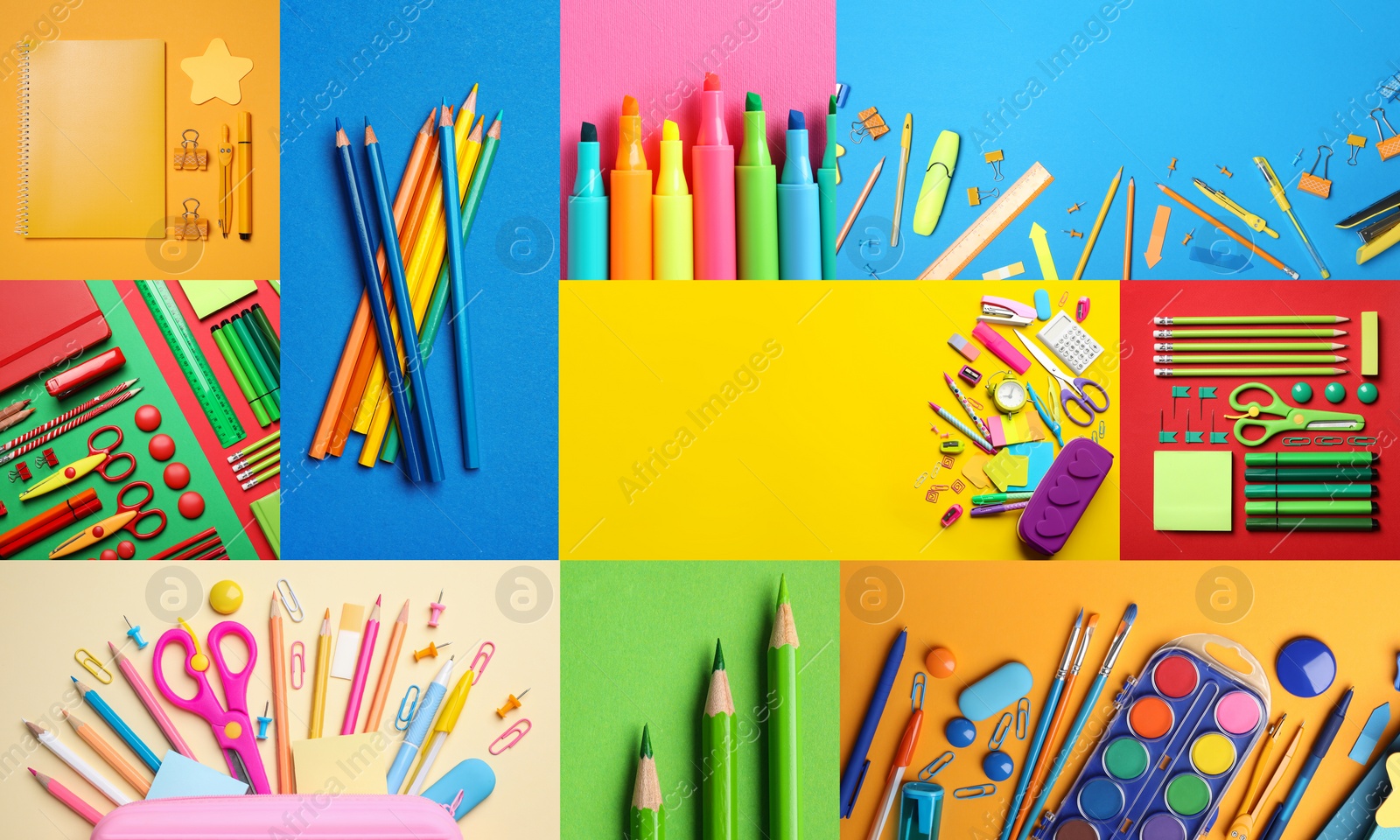 Image of Collage with photos of various school stationery on different color backgrounds, top view