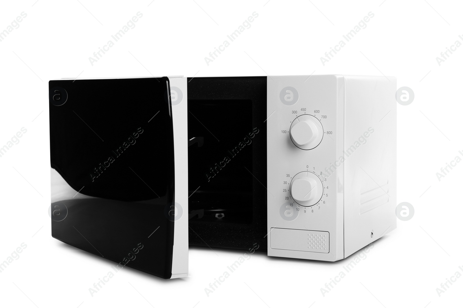 Photo of Open modern microwave oven on white background. Kitchen appliance