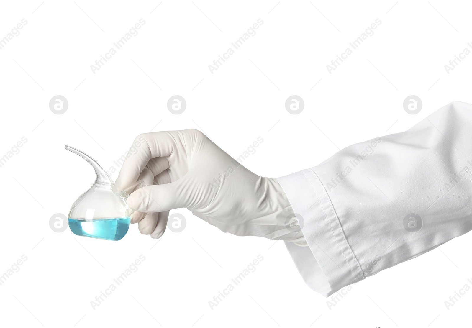 Photo of Scientist holding retort with liquid on white background. Chemical research