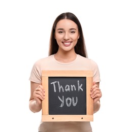 Happy woman holding small chalkboard with phrase Thank You on white background