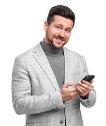 Handsome bearded businessman with smartphone on white background