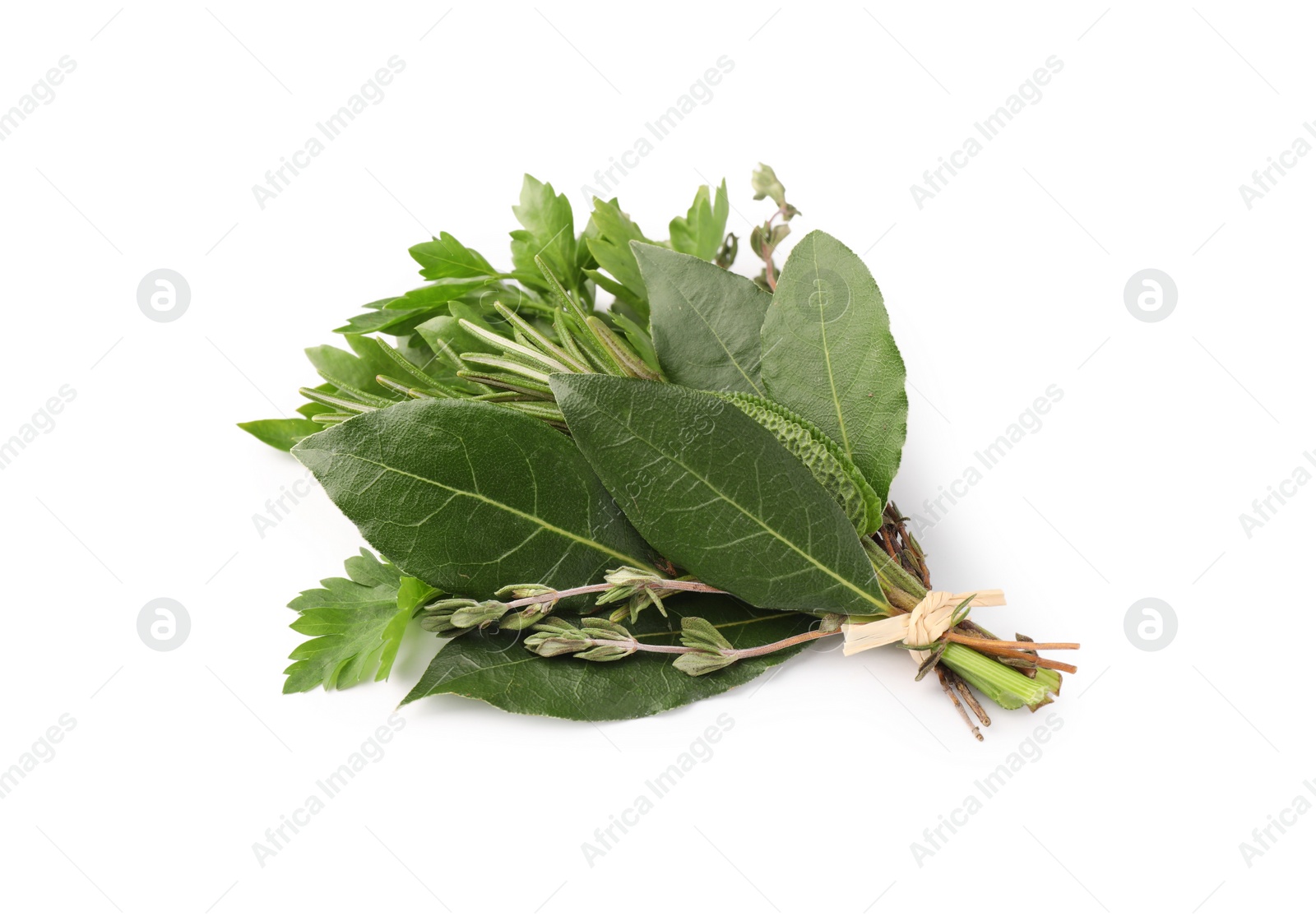 Photo of Bundle of aromatic bay leaves and different herbs isolated on white