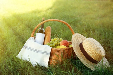 Picnic basket with snacks and bottle of wine on green grass in park