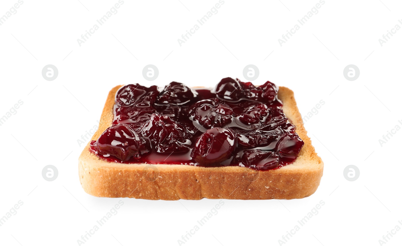 Photo of Toast with tasty cherry jam on white background