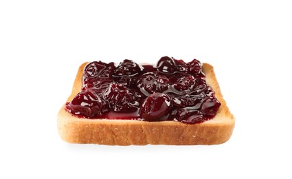 Toast with tasty cherry jam on white background