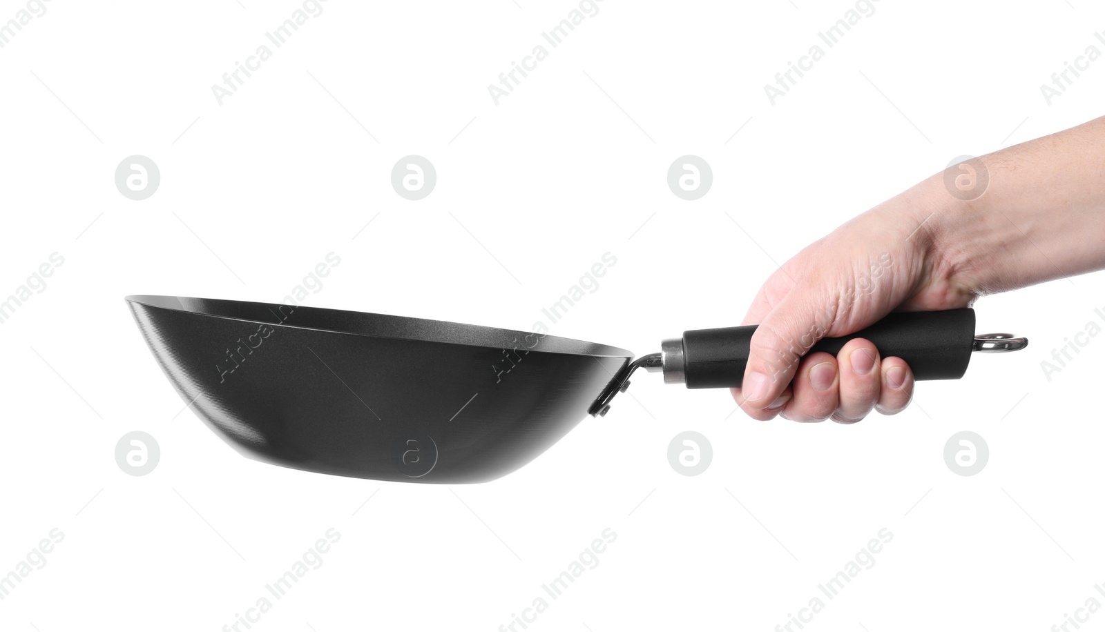 Photo of Man holding empty metal wok on white background, closeup