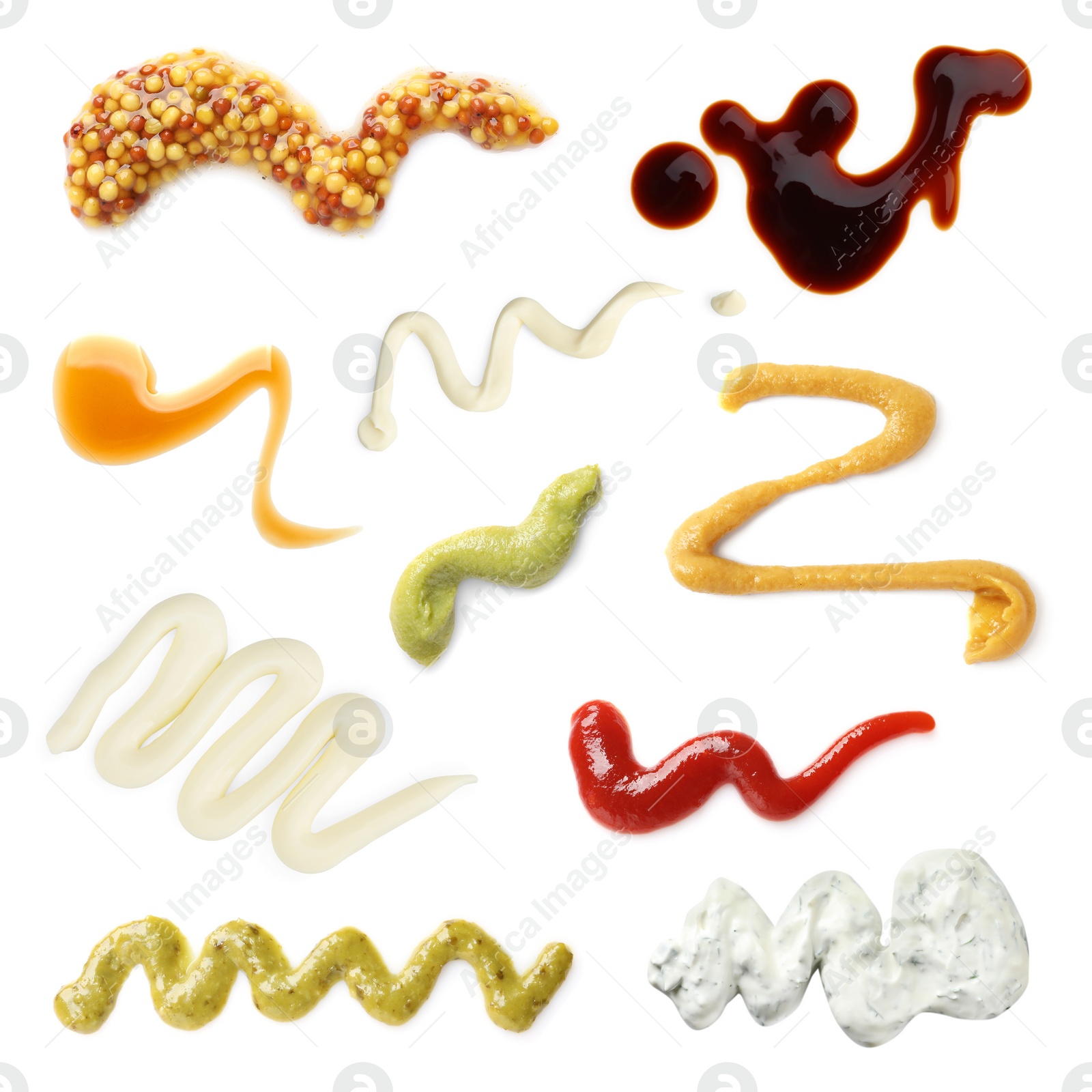 Image of Set of different sauces isolated on white, top view