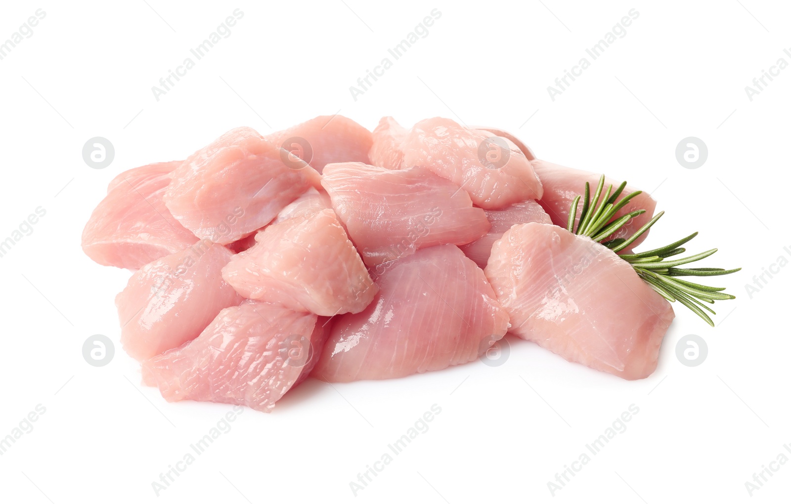 Photo of Cut raw turkey fillet with rosemary on white background