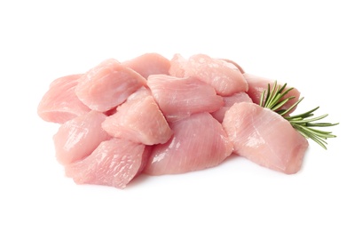 Cut raw turkey fillet with rosemary on white background