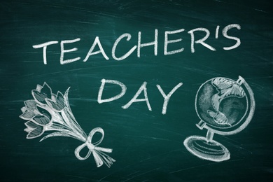 Image of Text Teacher's Day and drawings on green chalkboard. Greeting card design