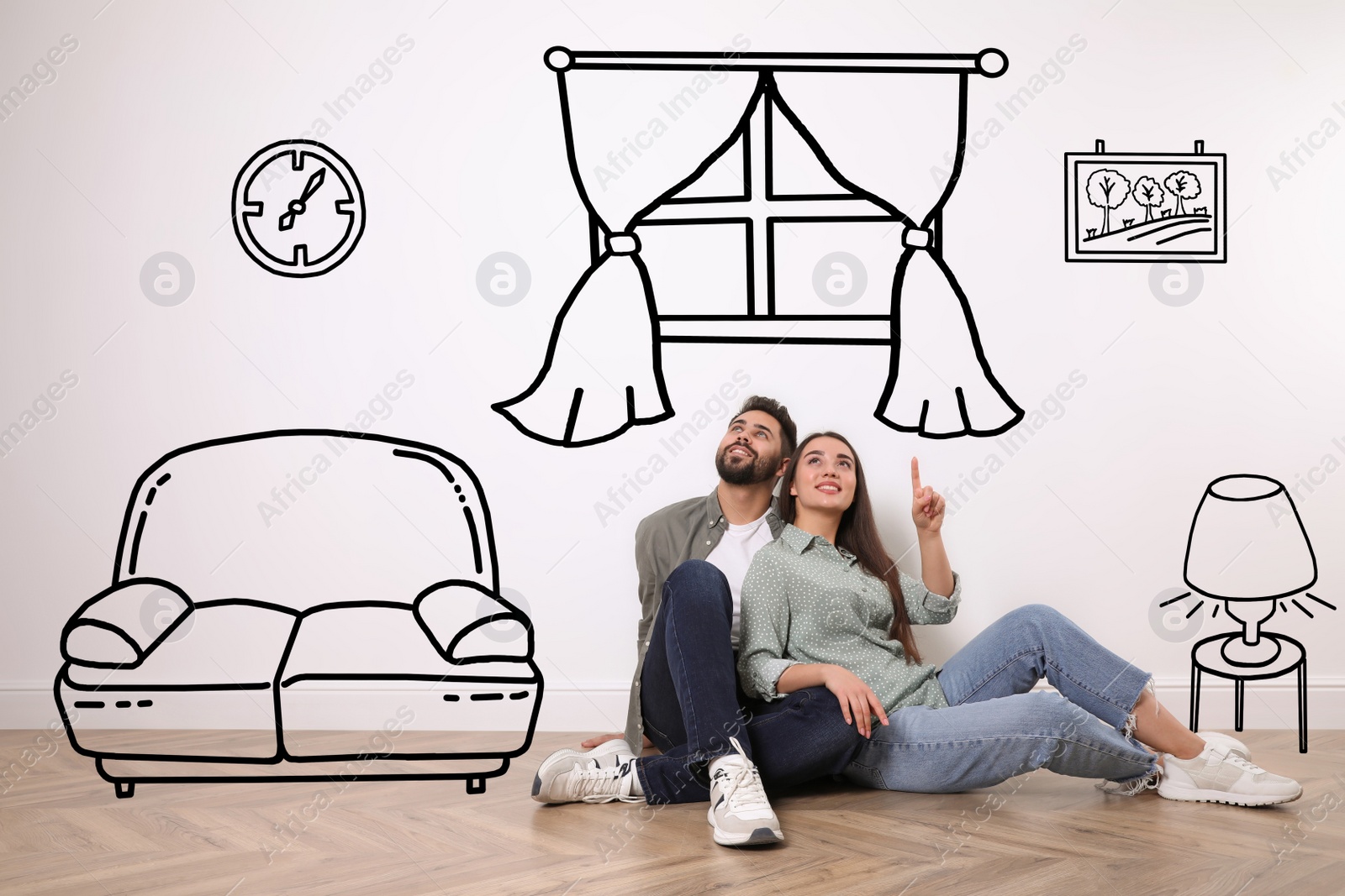 Image of Happy couple dreaming about renovation on floor. Illustrated interior design