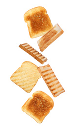Image of Tasty toasts falling on white background 