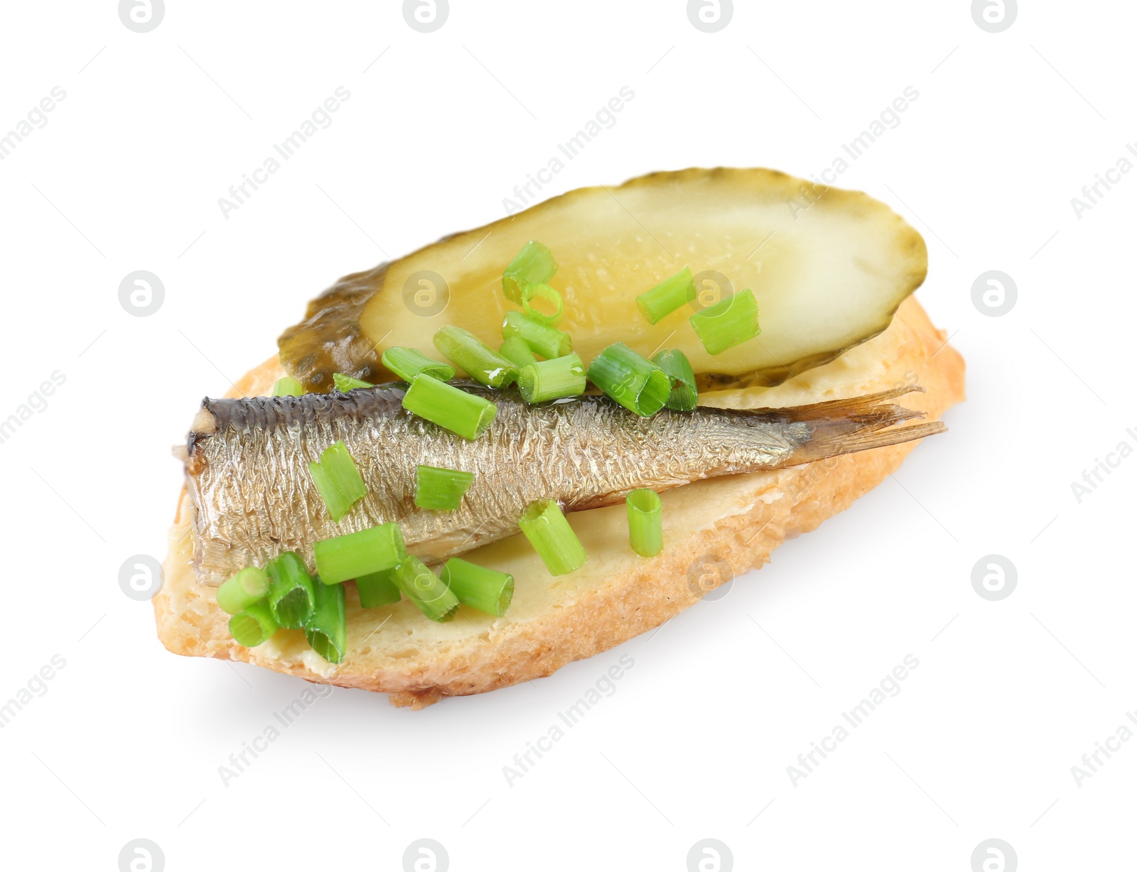 Delicious sandwich with sprat, pickled cucumber and green onion isolated on white, above view Photo of Delicious sandwich with sprat, pickled cucumber and green onion isolated on white, above view