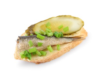 Photo of Delicious sandwich with sprat, pickled cucumber and green onion isolated on white, above view