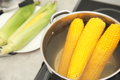 Pot with boiling corn cobs in kitchen, closeup