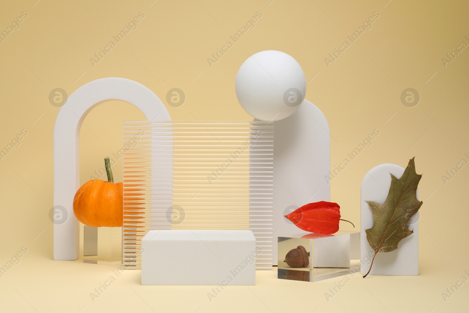 Photo of Stylish presentation for product. Geometric figures and autumn decor on beige background