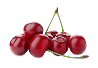 Bunch of juicy cherries on white background