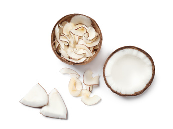 Composition with tasty coconut chips on white background, top view