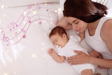 Image of Lullaby songs. Mother and her baby sleeping at home. Illustration of flying music notes near woman and child