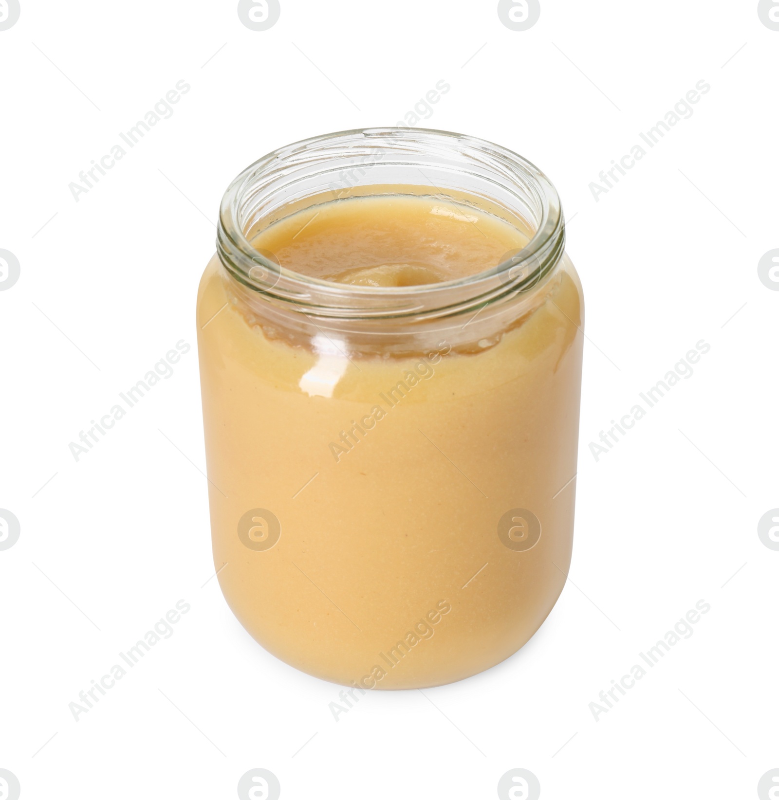 Photo of Baby food. Tasty healthy puree in jar isolated on white