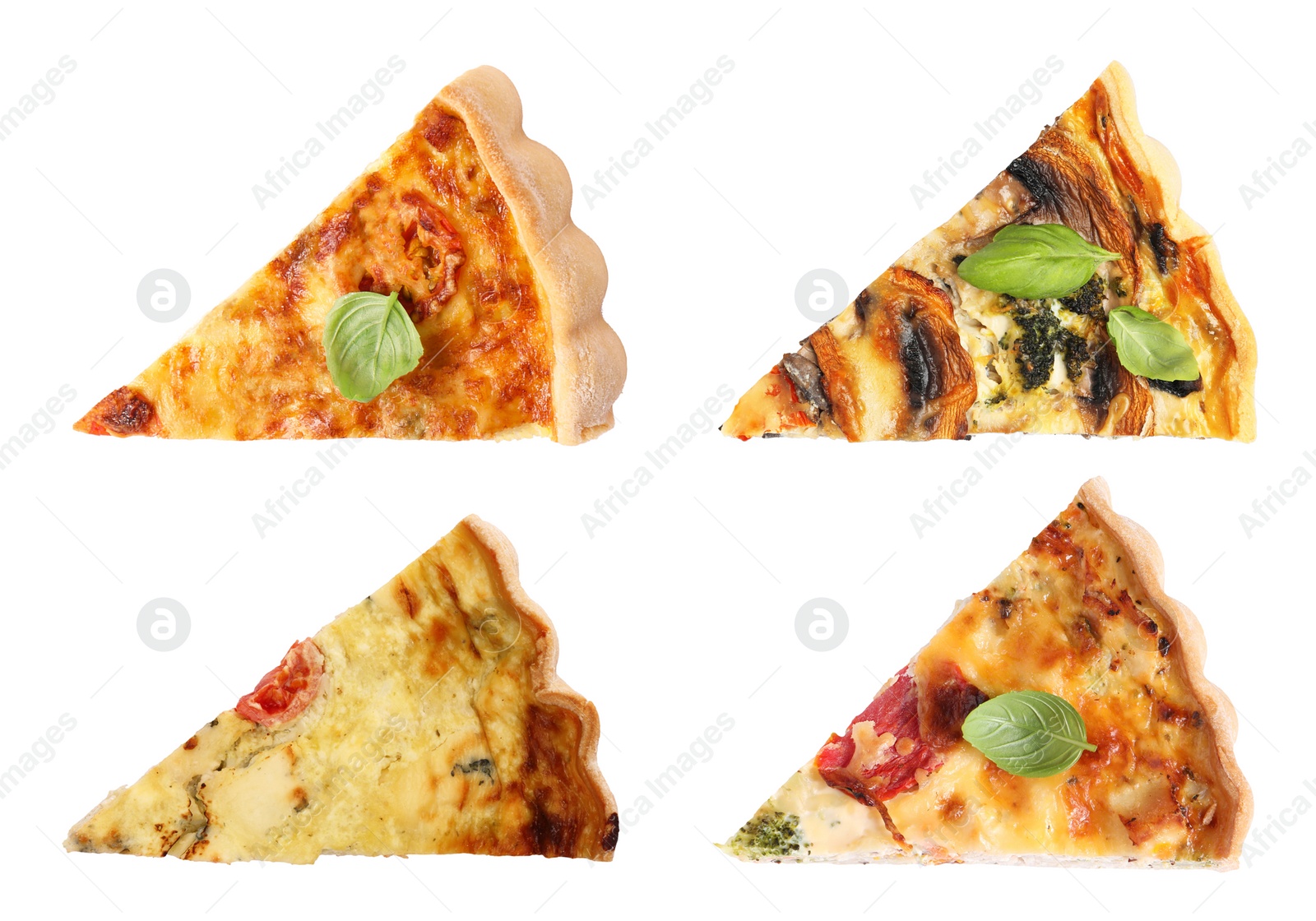 Image of Pieces of different quiches isolated on white, set. Top view