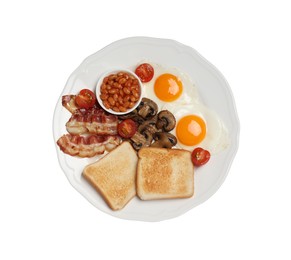 Photo of Plate with fried eggs, mushrooms, beans, bacon, tomatoes and toasts isolated on white, top view. Traditional English breakfast