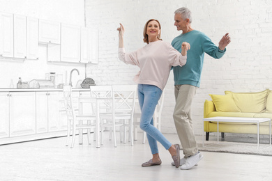 Image of Happy senior couple dancing together in kitchen in their new house 