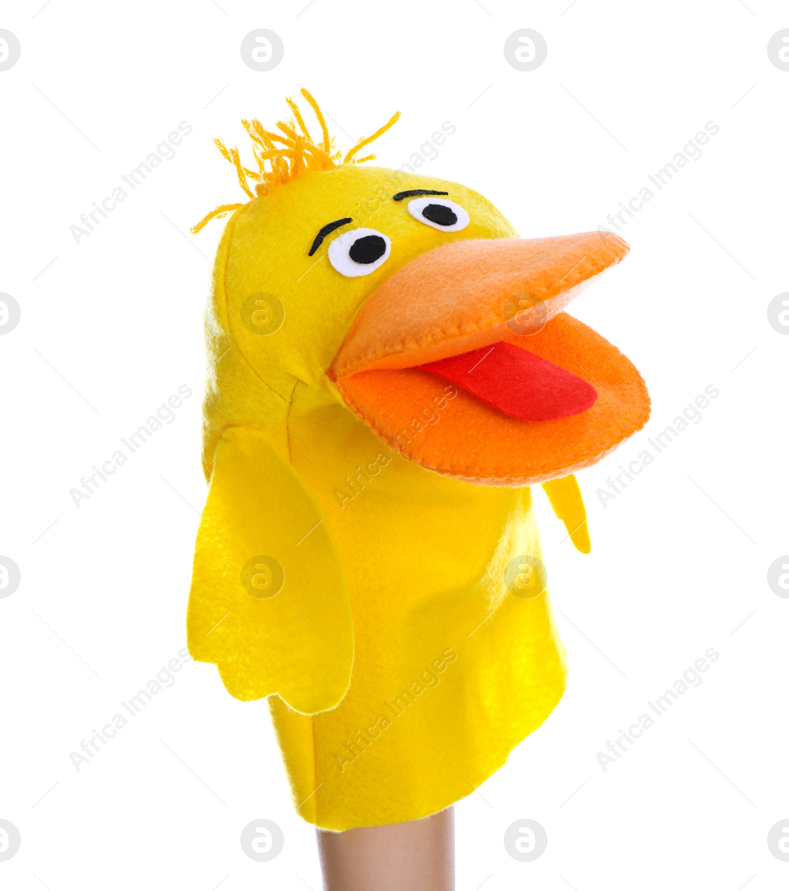 Photo of Duck puppet for show on hand against white background