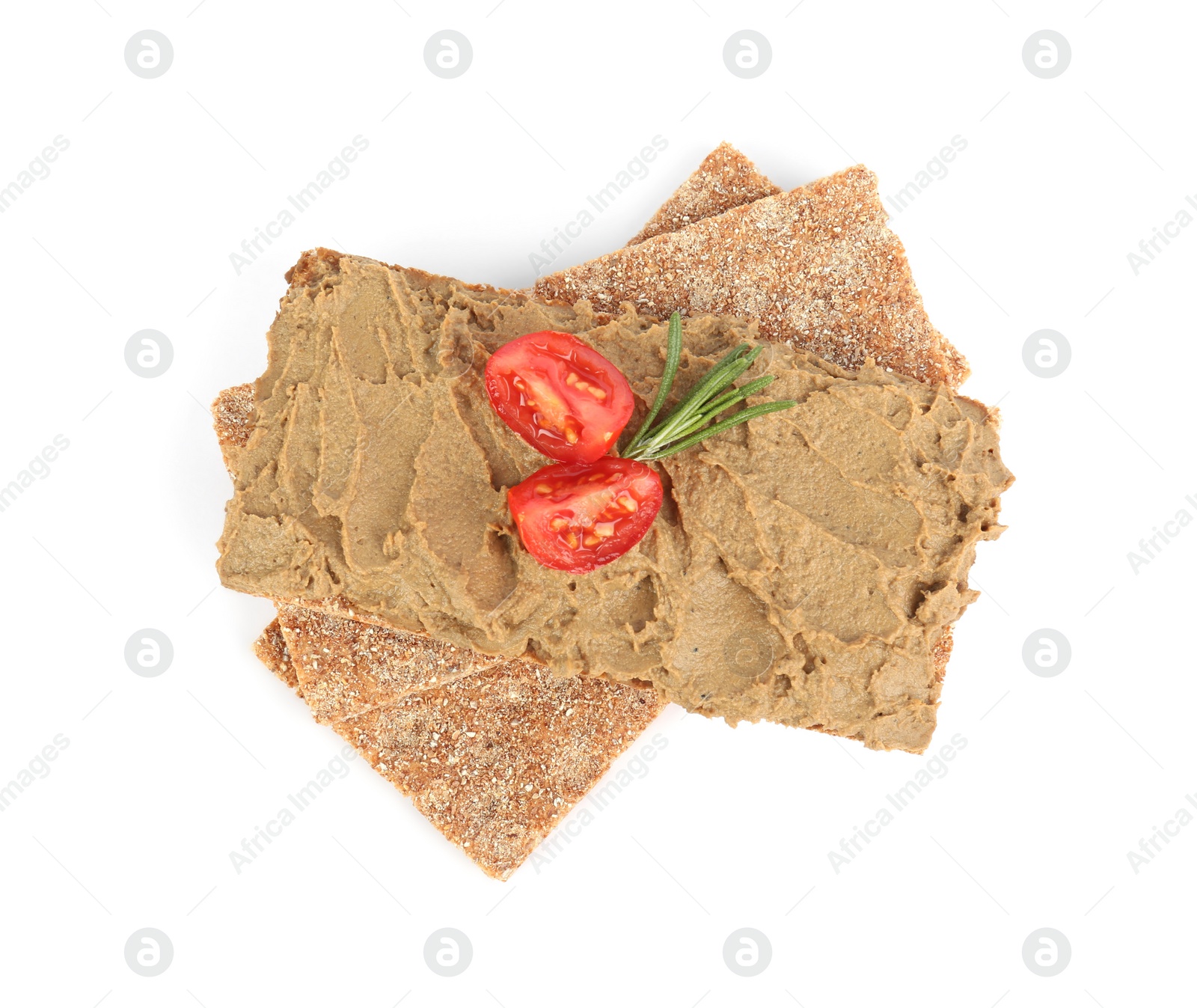 Photo of Crispy crackers with tasty liver pate, tomato and rosemary on white background, top view