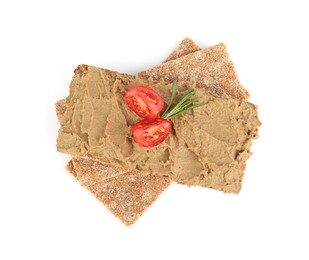 Photo of Crispy crackers with tasty liver pate, tomato and rosemary on white background, top view