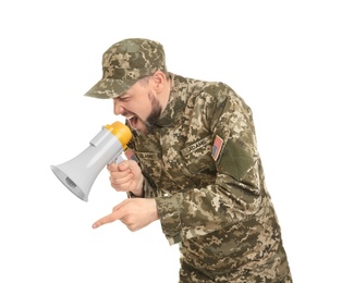 Military man shouting into megaphone on white background