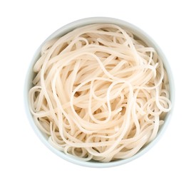 Photo of Bowl of tasty cooked rice noodles isolated on white, top view