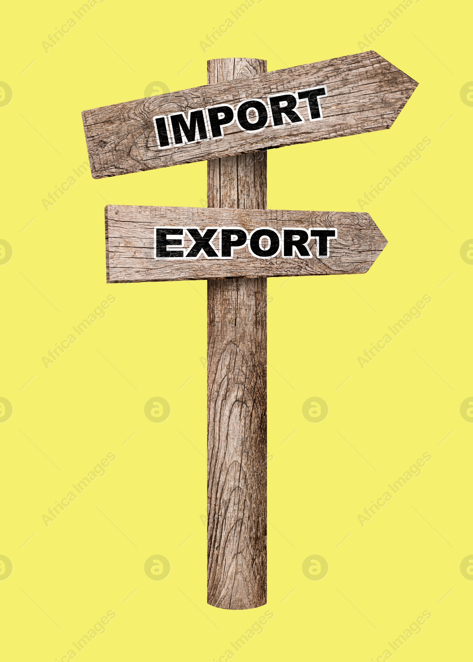 Illustration of Import Export arrow shaped wooden road sign on yellow background