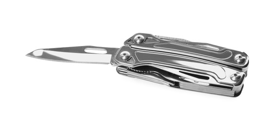 Photo of Compact portable stainless multitool isolated on white